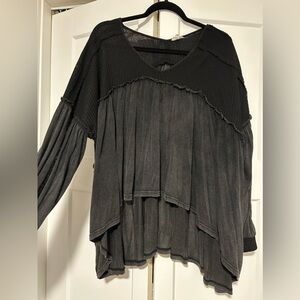 POL black long sleeve textured top with waffle knit.